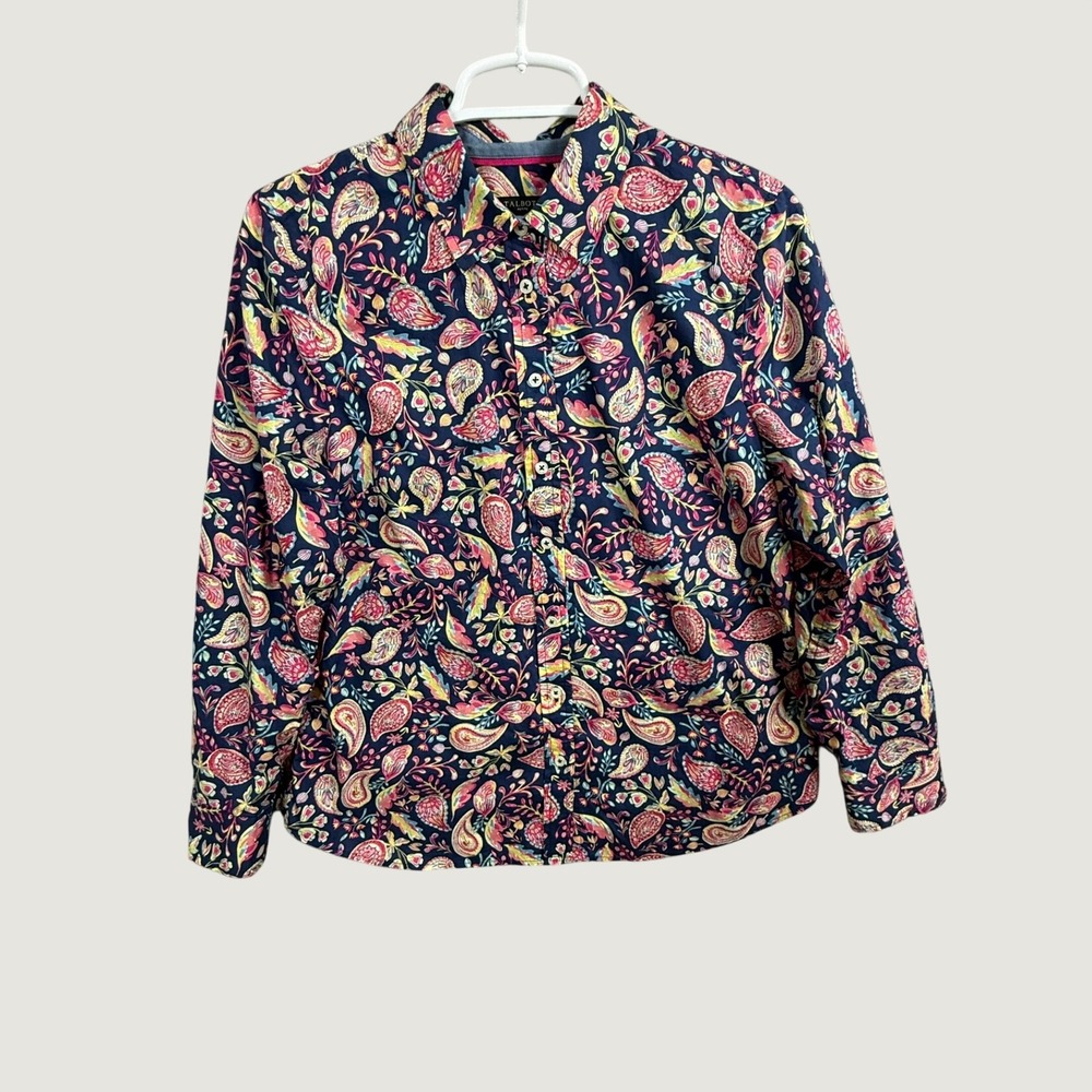 Talbots Petite Navy Blue Paisley Floral Cotton Button Down Shirt Blouse MP